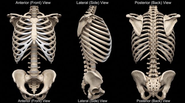 Human torso skeleton displaying anterior lateral and posterior views