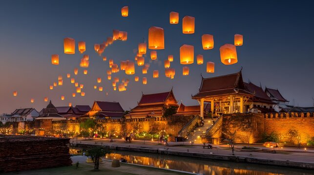lantern festival filling the night sky with glowing lights above a historic cityscape, magical cultural event