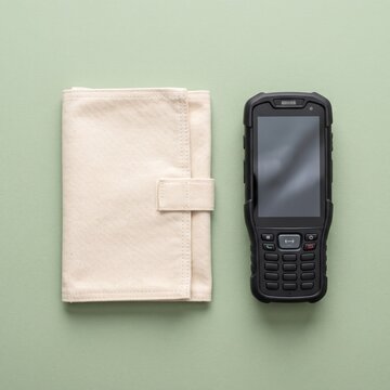 Reusable shipping pouch and handheld scanner on light green surface