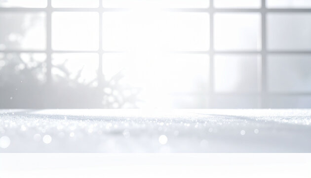 冬の窓辺と雪が積もったテーブルの背景　キラキラと輝く光と白銀の風景　クリスマスや冬の季節のイベント告知やキャンペーンバナーに活用できる文字入れ用コピースペースがあるインテリア空間の素材