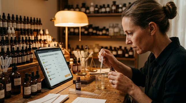 Female Perfumer Formulating Fragrance with Pipette and Tablet Showing AI Suggested Formula
