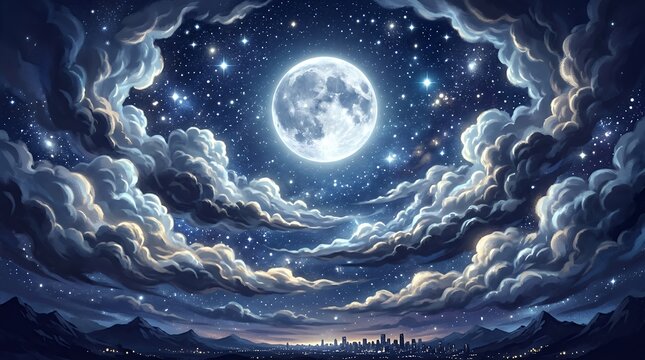 Night Sky Full Moon Cloudscape Glowing Stars Clouds Background Illustration moon full clouds cloudy night sky stars starry skyline cloudscape glowing light bright abstract background nature space