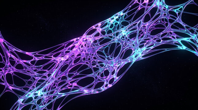 Abstract liquid glass structure with glowing neon network