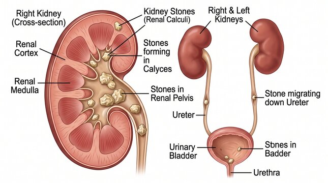 Medical diagram showing kidney stones in the human urinary system