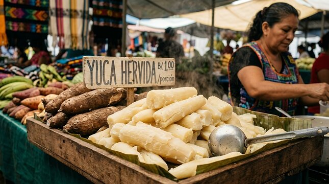 Boiled Yuca Root Displayed in Local Food Market Stall Freshly Cooked Tropical Cassava Tuber Portion Close Up View cassava boiled yuca root tuber food market fresh cooked tropical background staple