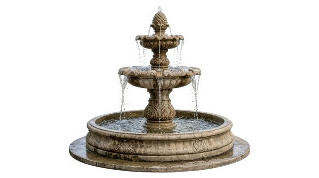 Elegant tiered stone water fountain isolated on a plain white background