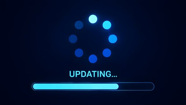Blue glowing updating text with circular loading spinner and progress bar on dark background representing software installation process