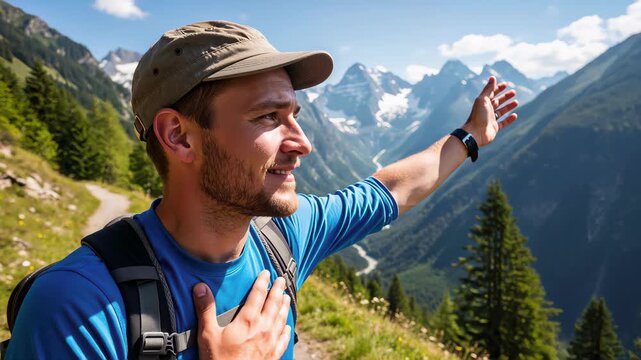 Enthusiastic male tourist raising his hand on a mountain trail. Hiker with a backpack enjoying a scenic alpine valley view. Outdoor adventure and travel concept