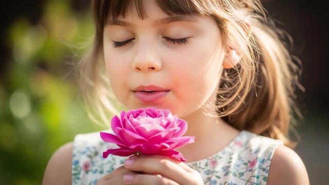 Close-up of a young girl smelling a pink rose. Child with closed eyes enjoying the fragrance of a flower in a spring garden