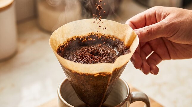 Close-up of coffee grounds in a filter, Hand pouring ground coffee into paper filter for pour over brewing at home  