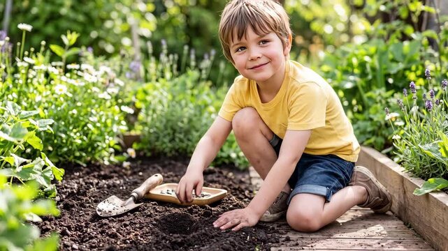 Young boy planting seeds in the soil. Child gardening in a sunny backyard. Springtime outdoor activity and nature learning concept