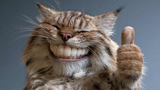 Grinsende Katze mit Z&auml;hnen und erhobener Pfote wie ein Daumen hoch, humorvolles Tiermotiv f&uuml;r Gru&szlig;karten und Social Media.