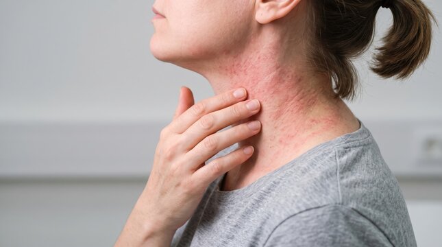 side view of woman scratching itchy red skin rash on neck, suffering from allergy, eczema, dermatitis or hives, healthcare and medical, irritation, inflammation, sensitive skin