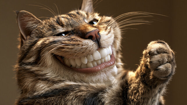 Grinsende Katze mit Z&auml;hnen und erhobener Pfote wie ein Daumen hoch, humorvolles Tiermotiv f&uuml;r Gru&szlig;karten und Social Media.