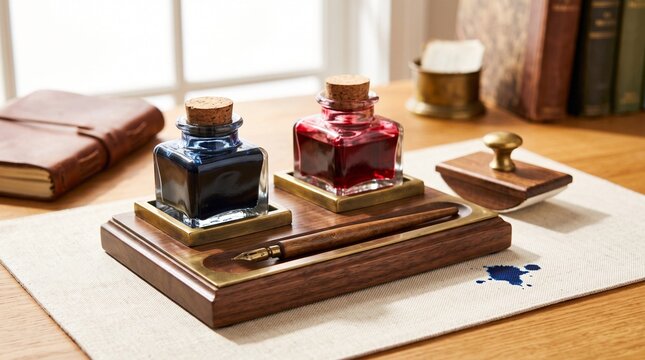 Retro desk inkwell set, Vintage ink bottles and dip pen set on wooden desk in natural light  