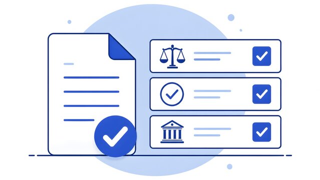 Flat vector illustration of corporate compliance checklist document with legal scales, verified approval checkmark, and government institution icons in blue monochromatic style.