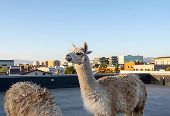 Naklejka premium Urban farming and sustainable living, alpaca on a rooftop with city skyline in the background, unique pet and animal welfare
