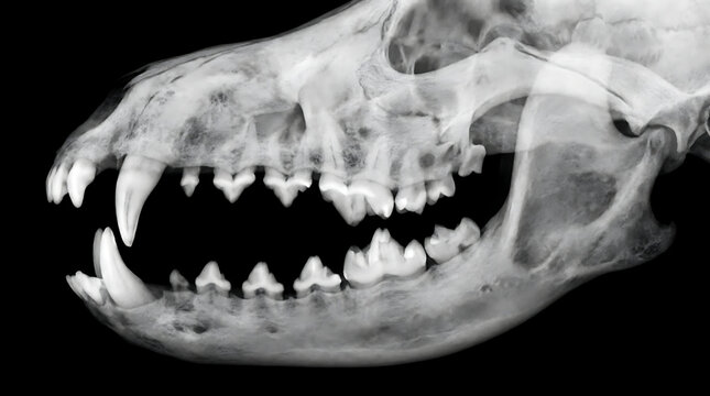 Lateral X-ray of dog skull showing teeth canine dental anatomy jawbone structure and veterinary medical diagnostic imaging study
