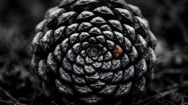 Macro view of a pine cone with a single brown seed highlighted against a black and white background