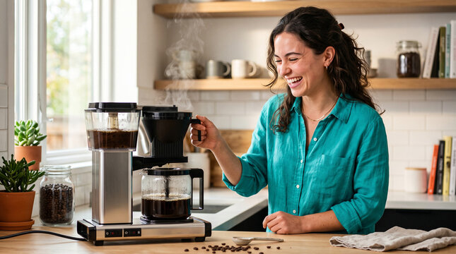 Coffee maker brewing fresh coffee, Young woman making coffee with drip machine in cozy home kitchen  
