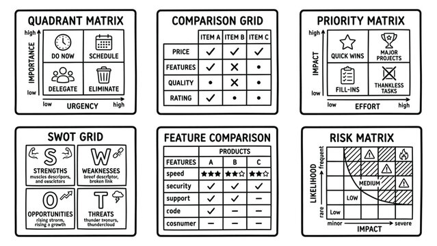 Set of business decision making matrix and comparison grid charts for planning