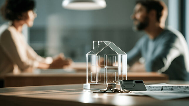 Miniaturhaus aus Glas auf Tisch mit verschwommenem Beratungsgespr&auml;ch im Hintergrund, Symbolbild f&uuml;r Immobilien und Baufinanzierung.