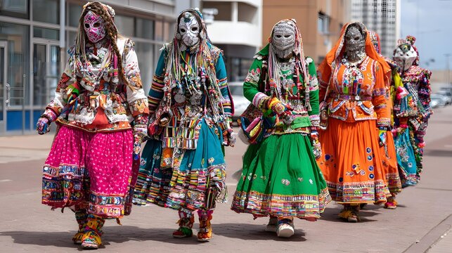 festival parade featuring elaborate costumes, decorated floats and joyful crowds celebrating heritage traditions
