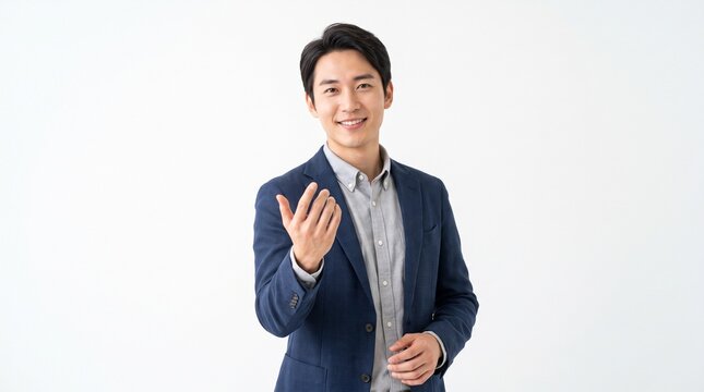 Smiling Asian businessman gesturing to come and join with hand