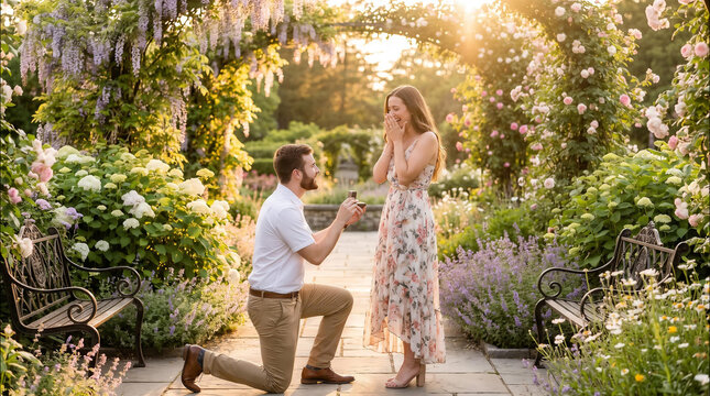 Young man kneeling on stone path proposing marriage to his beautiful girlfriend surrounded by lush blooming roses and soft sunlight