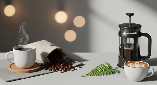 Morning Coffee Ritual: French Press, Steaming Cup, Latte Art, and Roasted Beans