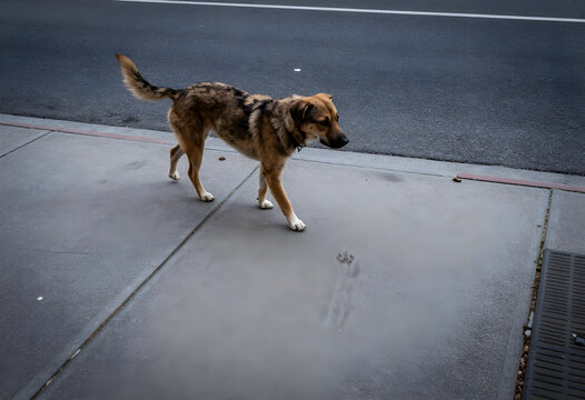 Stray dog walking on urban sidewalk, animal welfare and pet abandonment concept, lost pet on city street