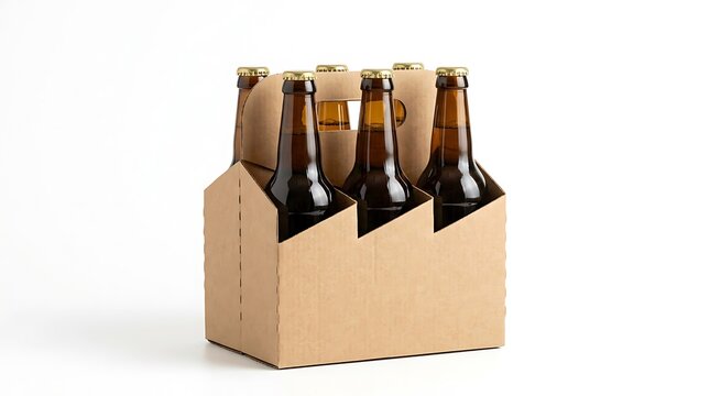 six pack of beer bottles in cardboard box, mock up template on isolated white background