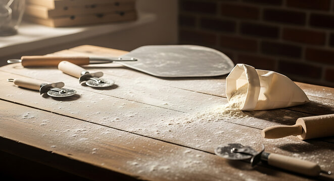 Pizza making ingredients and tools scattered on a rustic wooden table