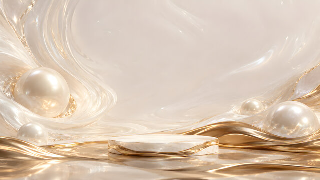 sculptural pearl-white marble pedestal surrounded by flowing liquid champagne gold, elegant glossy surfaces, soft reflections and sophisticated studio lighting, with clean negative space for premium