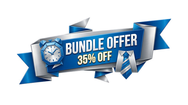 D metallic blue and silver bundle offer banner with % off text, featuring a geometric alarm clock and folded striped tie on a transparent background featuring discount, promotion and D render
