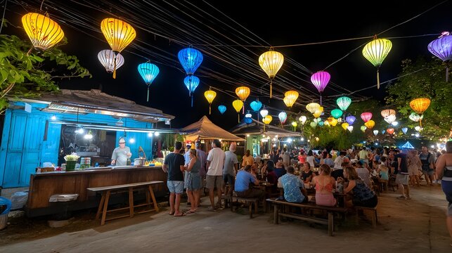 food market glowing with lanterns and street vendors, crowds enjoying local cuisine, energetic cultural atmosphere