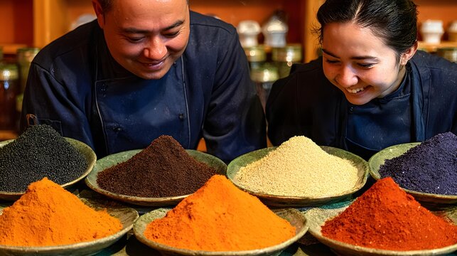 market filled with spices, textiles, handcrafted goods and smiling vendors, vibrant colors, authentic daily life scene