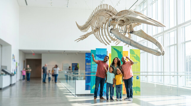 Whale skeleton museum display, Family visiting natural history museum under large whale skeleton display  