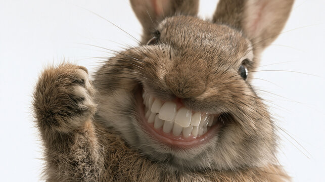 Hase mit breitem menschen&auml;hnlichem Grinsen zeigt Daumen hoch, humorvolles KI-Motiv f&uuml;r Werbung und lustige Grusskarten.