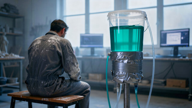 Man in coveralls sits in a workshop near an experimental liquid container. Engineer develops prototypes and chemical solutions in a laboratory. Industrial innovation and engineering concept.