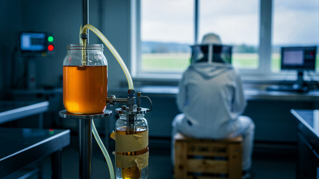 Honey processing jars in a clinical laboratory. Beekeeper in protective gear monitoring production from a control station. Agricultural technology and quality control concept for food marketing.