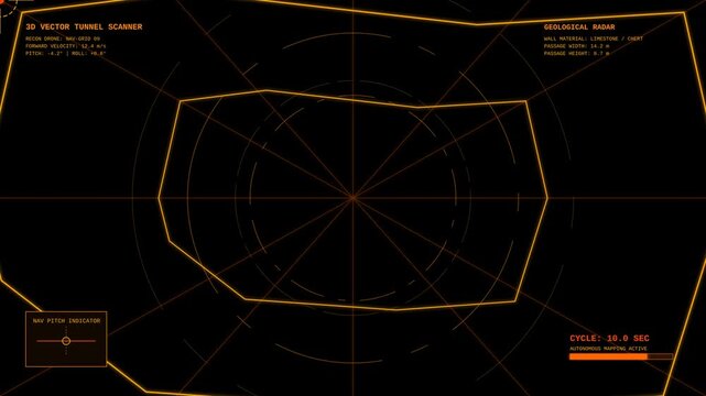 Futuristic 3D Vector Tunnel Scanner Interface Display with Obstacle Detection and Radar Mapping