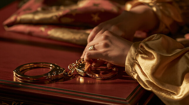Goldene Handschellen auf rotem Samt neben einer Hand in goldenem Satin, orientalisches Motiv f&uuml;r Luxus-, Fetisch- und Konzeptbilder.
