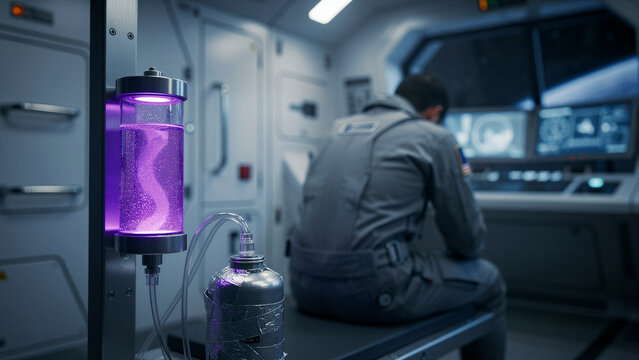 Astronaut sitting in a spaceship with glowing purple medical infusion. Futuristic lab equipment inside a high-tech station. Sci-fi space travel concept for future medicine themes.