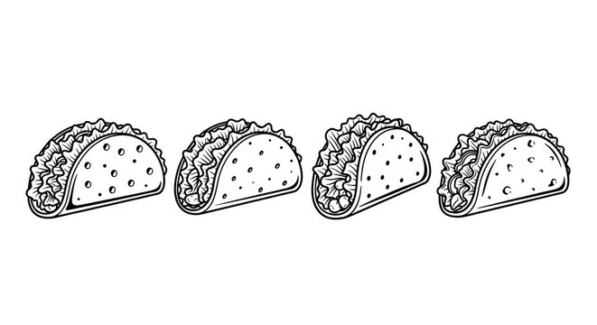 Four delicious crunchy tacos isolated line art illustrations with a transparent background for food menu designs and restaurant culinary concepts