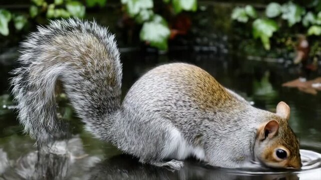 A fluffy, gray squirrel, perched on the edge of a still pond, looking alert