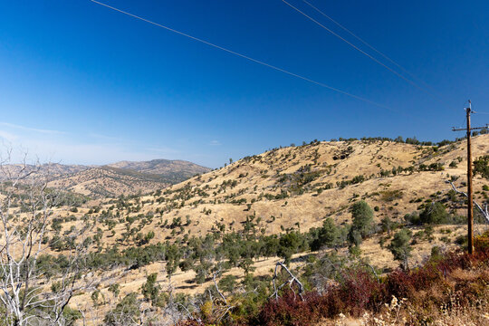 View of dry golden hills with oak trees and power lines in Mariposa County California foothills