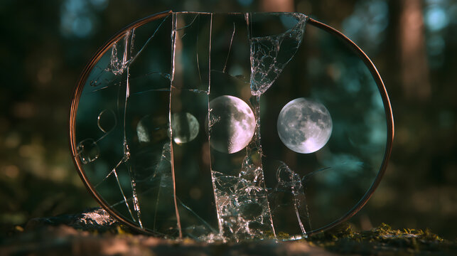 Mid-Autumn surreal poetic imagery, shattered ancient bronze mirror reflecting different moon phases, crescent, half and full moon in separate fragments, deep green pond background, commercial asset fo