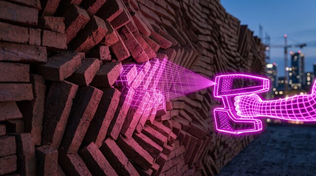 Glowing Purple Digital Hand Using 3D Laser Scanner On Parametric Brick Wall