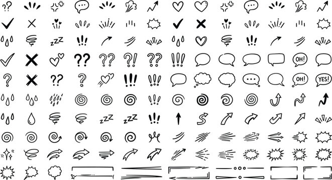 Effect comic line icon set. Hand drawn comic effect line with heart star arrow sketch mark movement. Angry manga question scribble emoji emotion sparkle emphasis doodle. Vector illustration